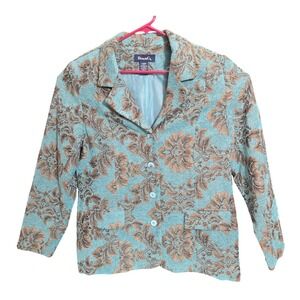 Denim & Co Turquoise Floral Damask Tapestry Blazer Jacket LG Blue Bronze Vintage